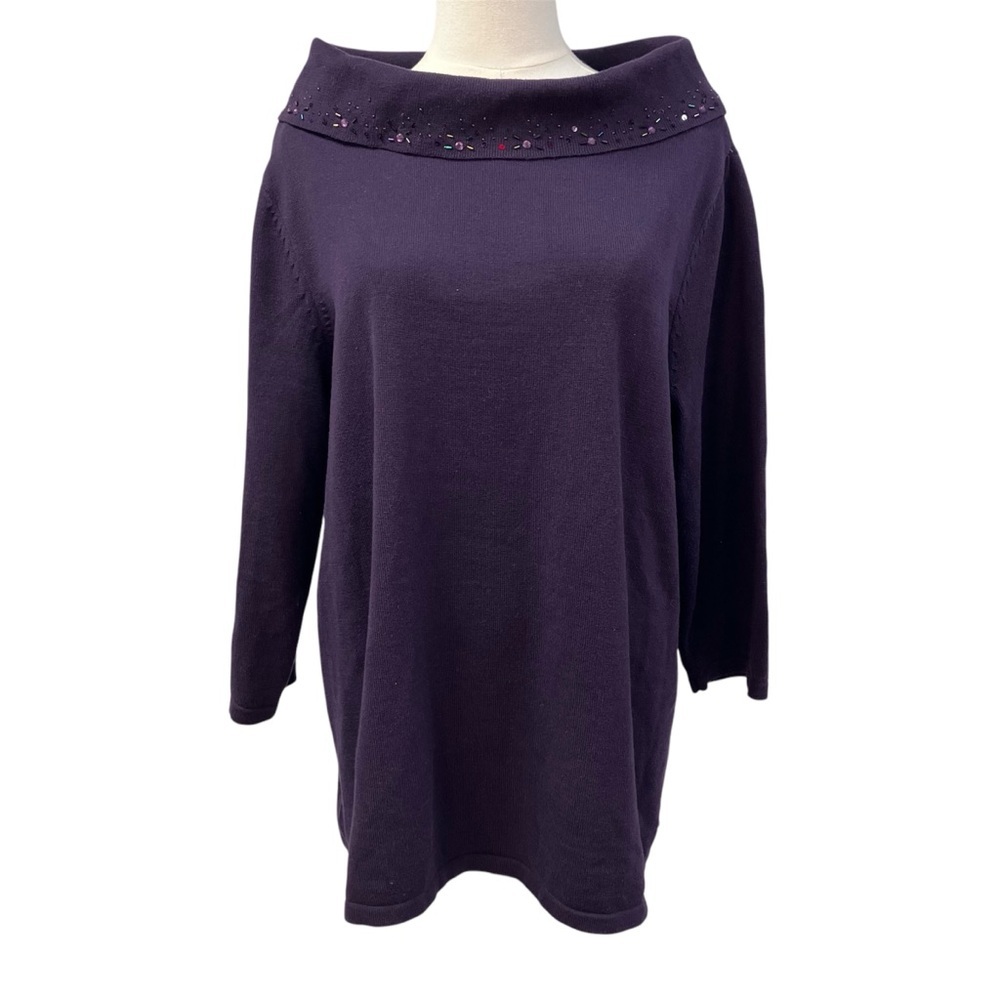 Isabella Rodriguez Hand Embroidered 3/4 sleeve Cowl Neck Purple Sweater 1X